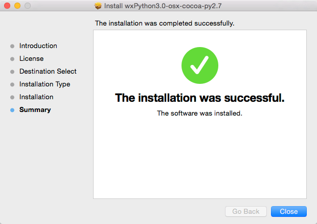 Installing wxPython for macOS Cocoa 10.9 Mavericks - Installation Success