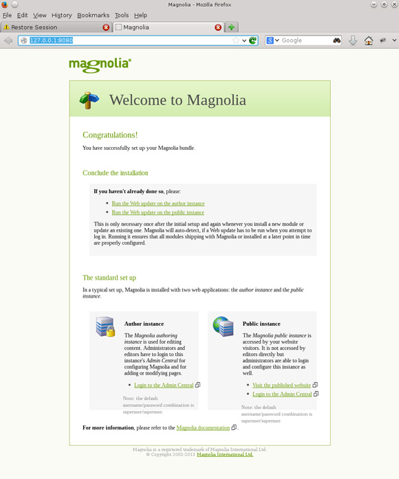How to Install Magnolia CMS CentOS 8.x/Stream-8 GNU/Linux - Magnolia CMS Deployed on Browser