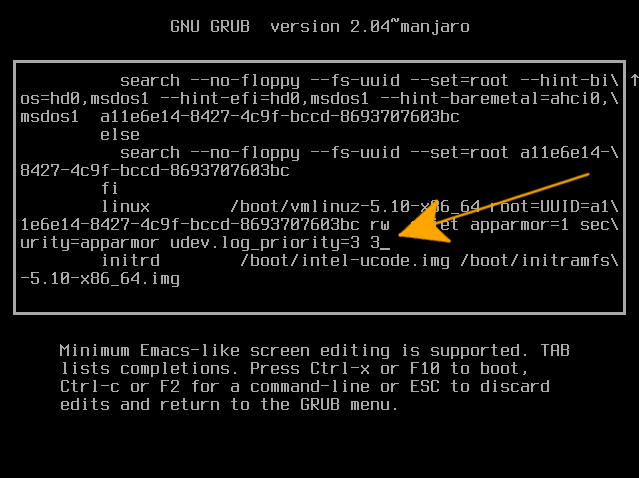 GNU/Linux Manjaro Runlevel 3 - edit grub command