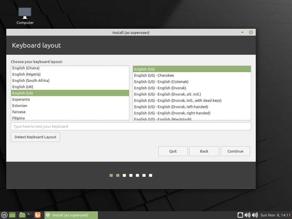 Step-by-step Linux Mint 20 Alongside Windows 11 Installation - Set Keyboard Layout