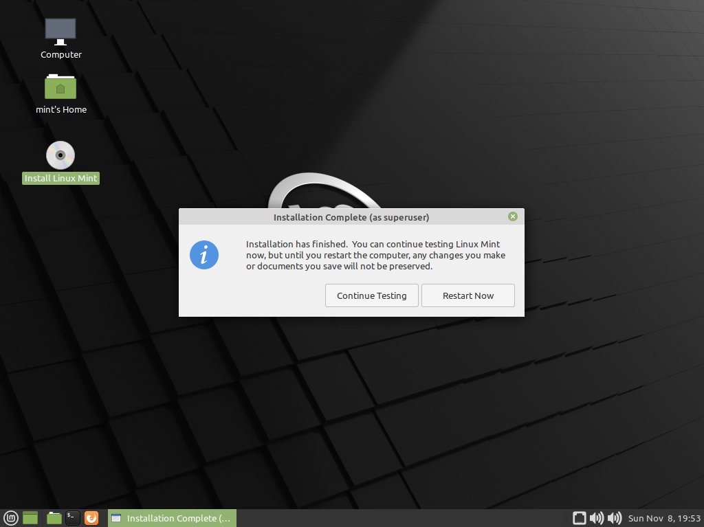 Step-by-step Linux Mint 20 Alongside Windows 11 Installation - Success and Reboot