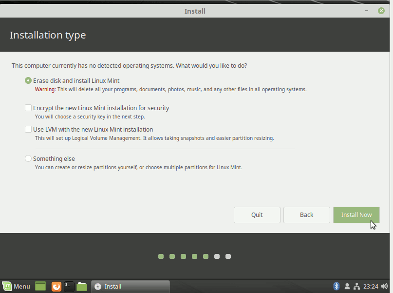 Install Linux Mint 19.x Cinnamon on Parallels - Formatting with LVM SetUp