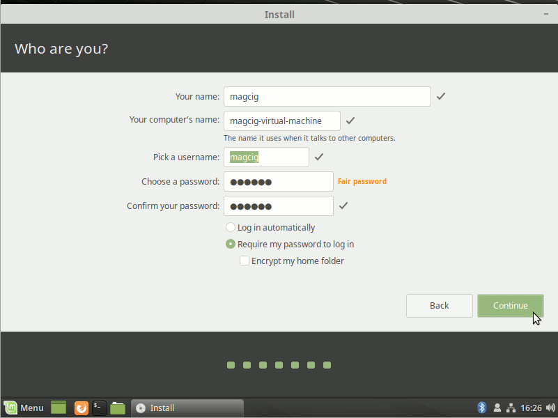 Linux Mint 19.x Cinnamon Installation - User SetUp