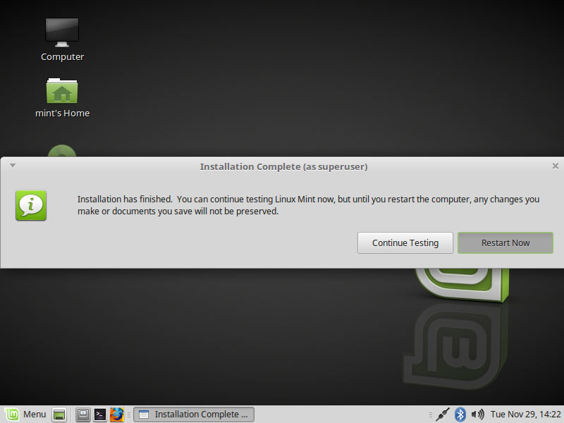 Install Linux Mint 18 Sarah Mate on Parallels Desktop 12 - Success and Reboot