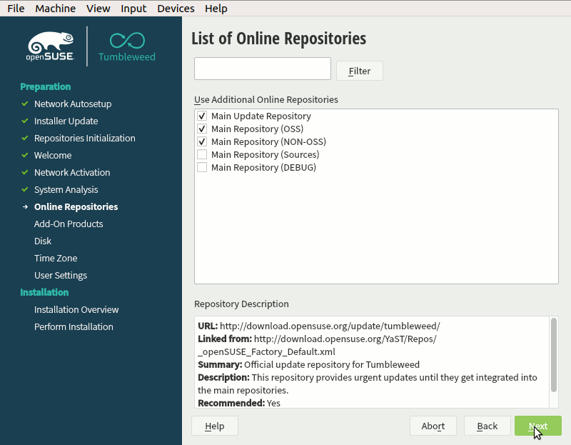 How to Install openSUSE Tumbleweed Virtual Machine on VirtualBox - Choosing Repositories