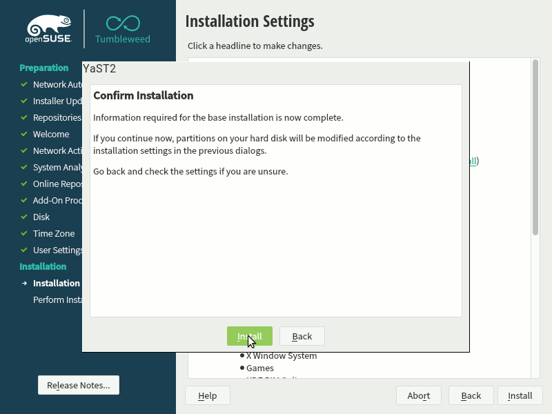 How to Install openSUSE Tumbleweed Virtual Machine on VMware Player - Confirm Install