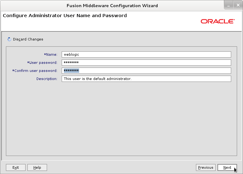 Bea WebLogic 12c Create Domain Wizard - Set Admin Username and Password