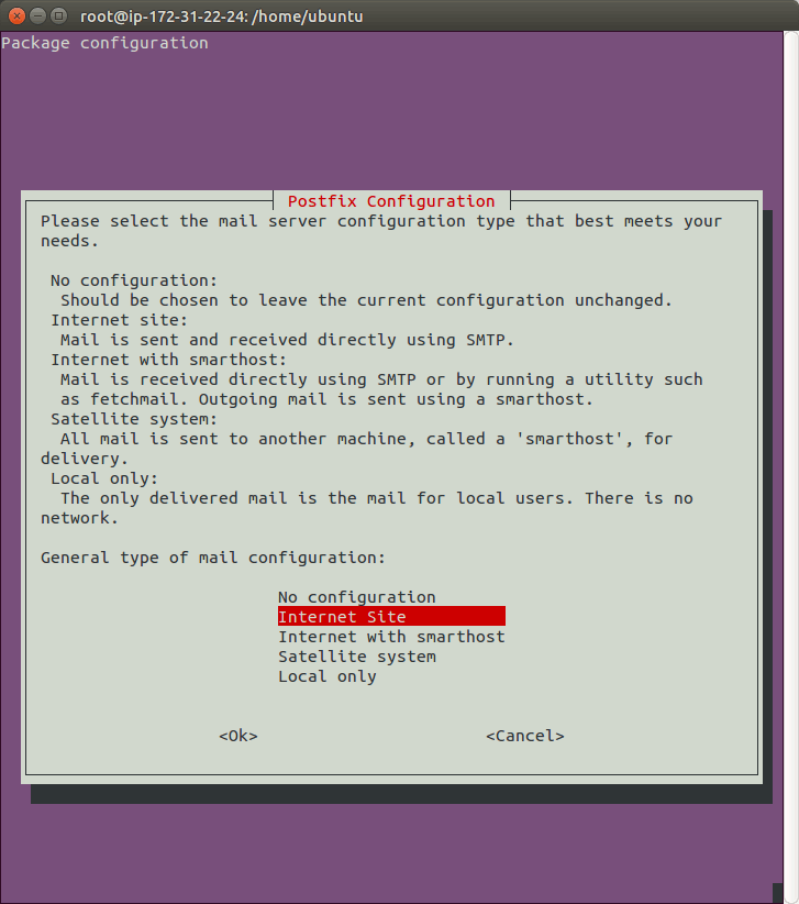 installing postfix on ubuntu linux - terminal mail server configuration