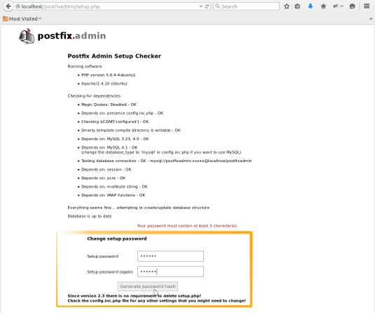 PostfixAdmin Initial Setup on Ubuntu - Generate a Hashed DB Pass