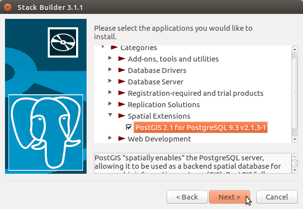 Install PostGIS for Ubuntu 14.04 Trusty LTS - Select PostGIS Spatial Extension
