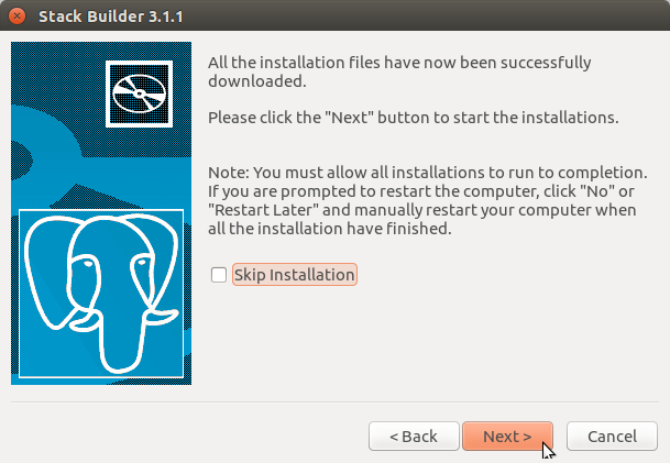 Install PostGIS for Ubuntu 14.04 Trusty LTS - Start PostGIS Installer