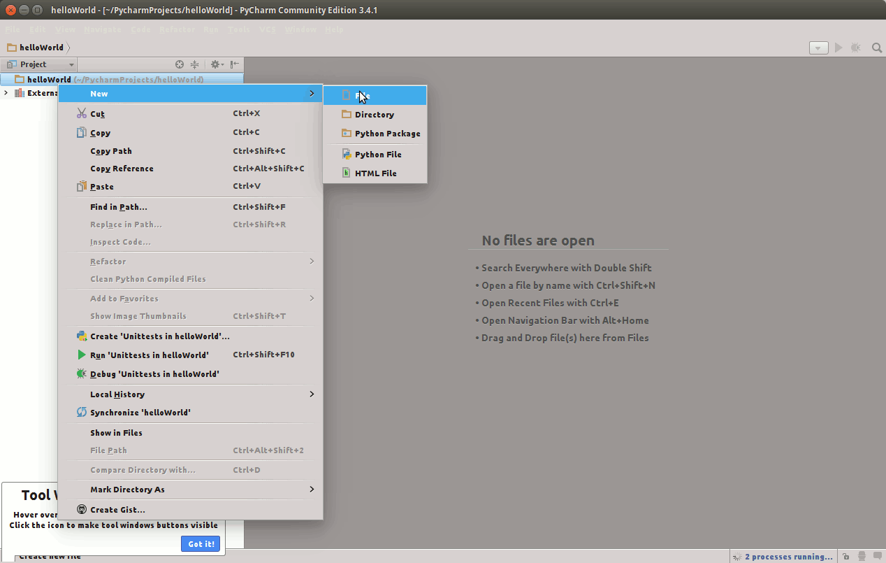 How to Install PyCharm Python IDE on Xubuntu 14.04 Trusty LTS - PyCharm Create New File