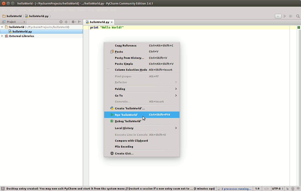 How to Install PyCharm Python IDE on Xubuntu 14.04 Trusty LTS - PyCharm Running File