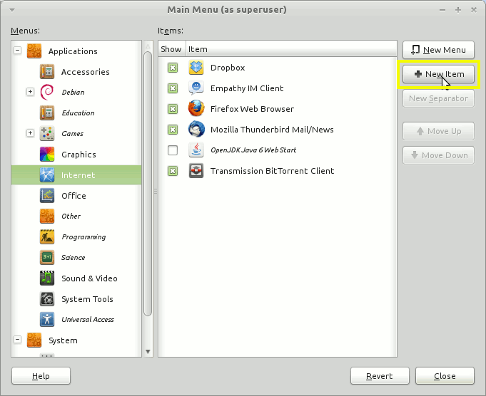 Snow Linux 3 Crystal GNOME Main Menu Add New Item