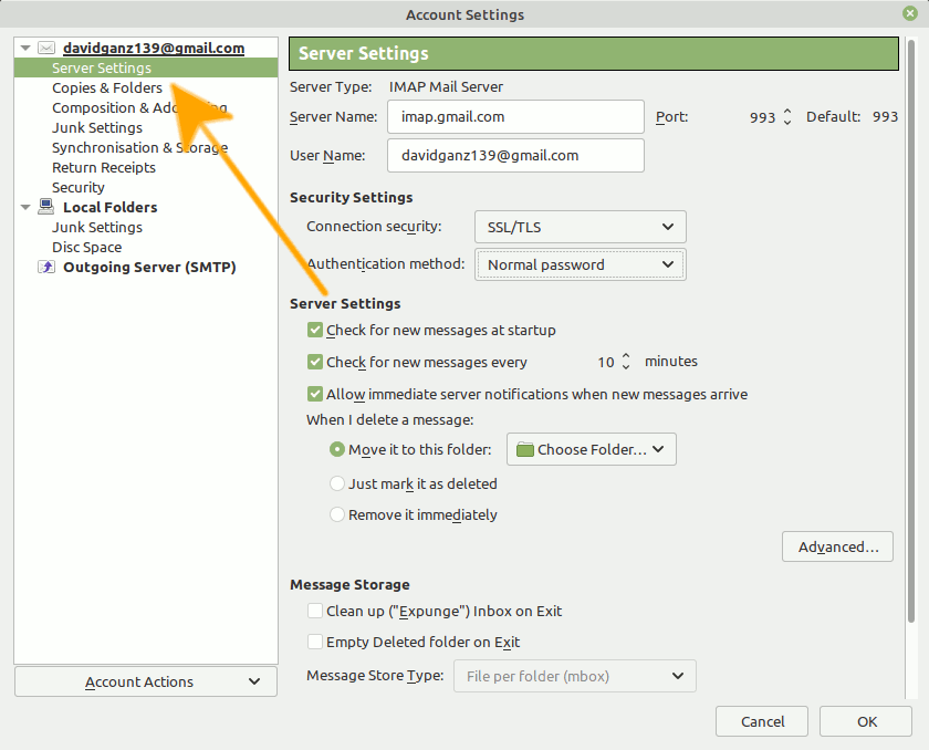 Manjaro Thunderbird GMail Two Factor Authentication Setup Guide - Server Settings