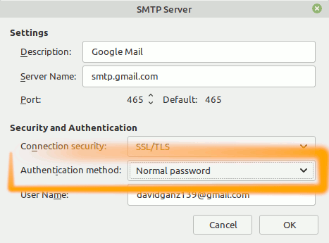 Fedora Thunderbird GMail Sending of Message Failed Solution - Authentication Normal Password