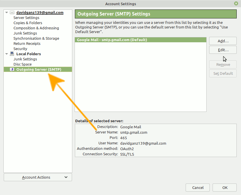 Ubuntu Thunderbird GMail Two Factor Authentication Setup Guide - Outgoing Server