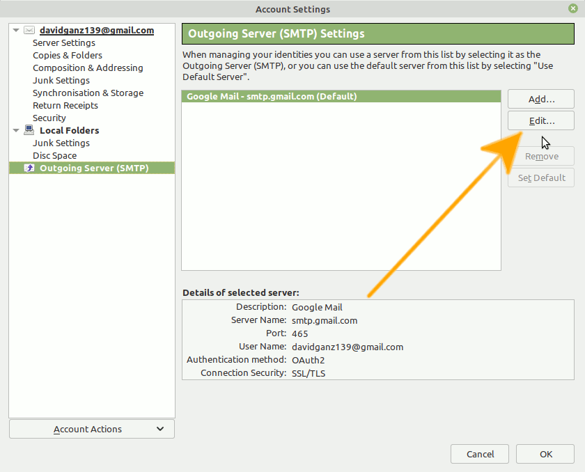 Debian Thunderbird GMail Two Factor Authentication Setup Guide - Edit Settings