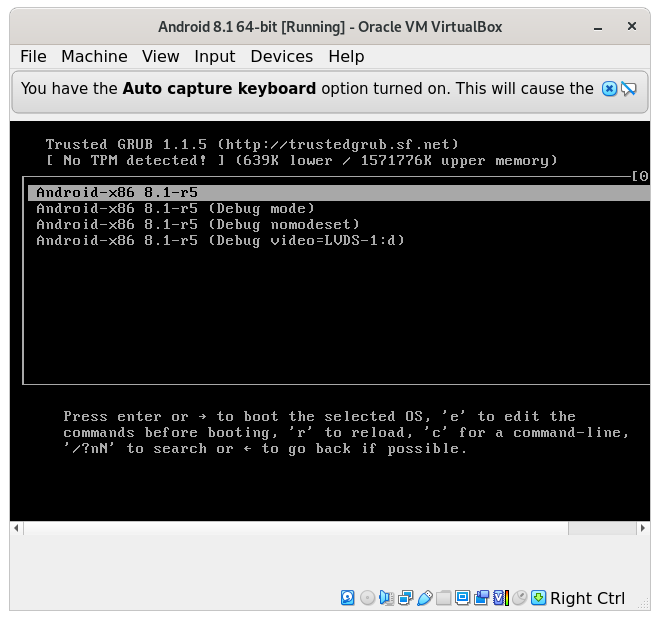 How to Install Android 8.1 VirtualBox Virtual Machine - GRUB booting android x86 on VirtualBox