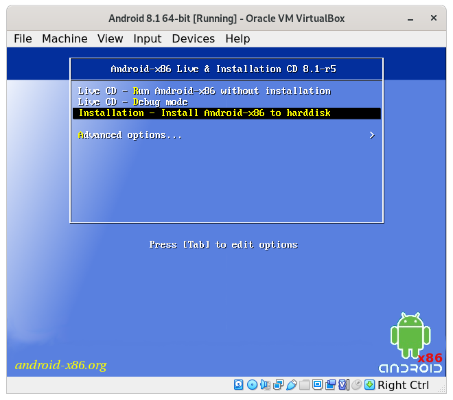 How to Install Android 8.1 VirtualBox Virtual Machine - select install android