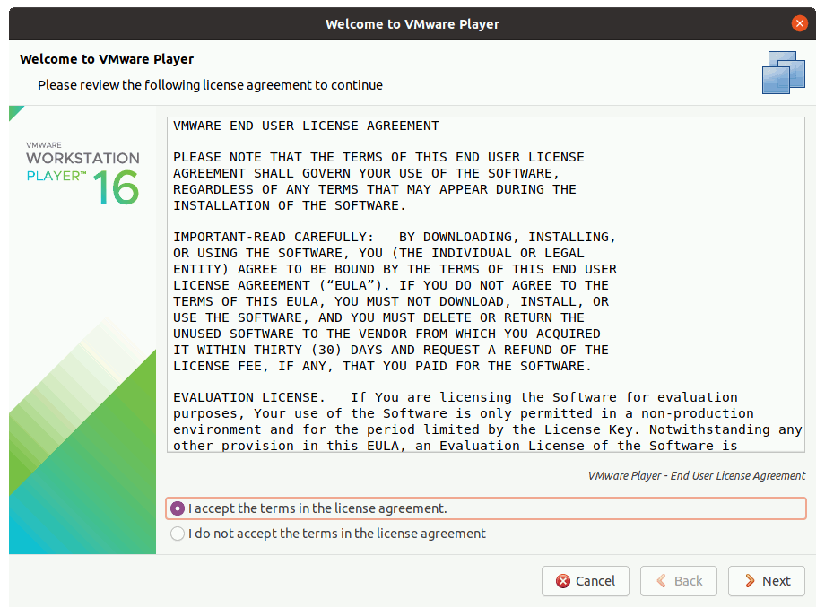 VMware Workstation 16 Player Debian Buster Installation - License