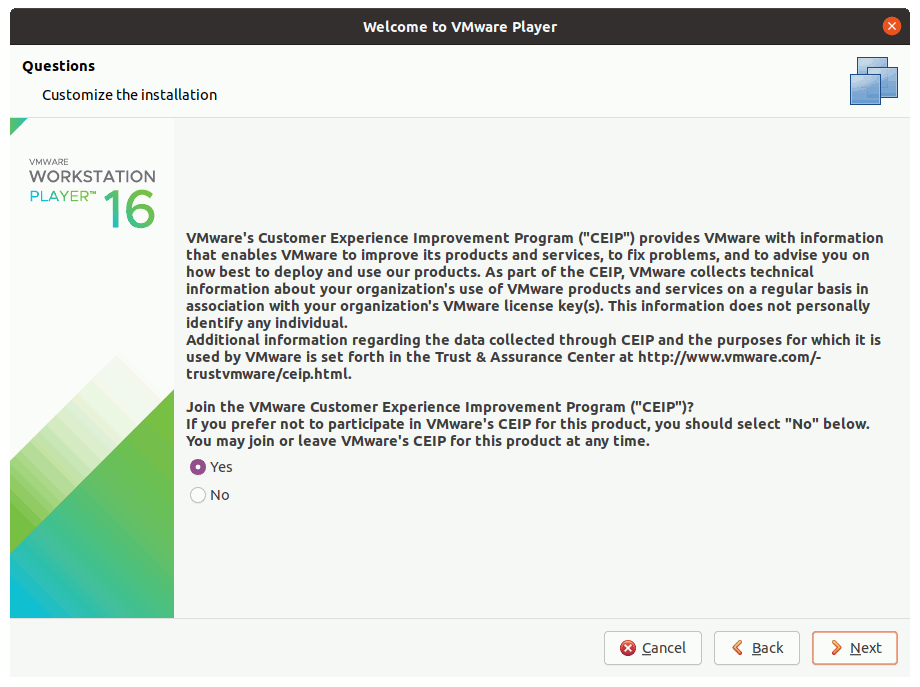 VMware Workstation 16 Player Fedora 33 Installation - CEIP