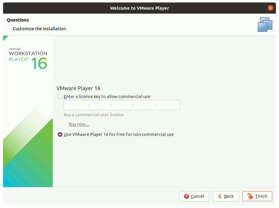 VMware Workstation 16 Player Fedora 33 Installation - License Key