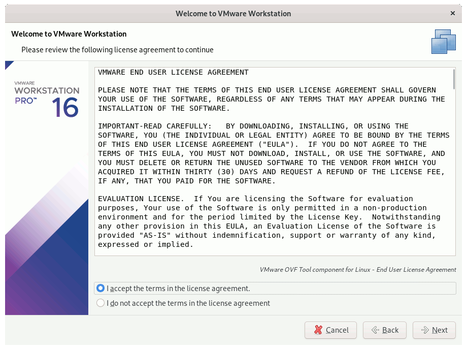 VMware Workstation Pro 16 Kali Linux Installation - Accept Licenses