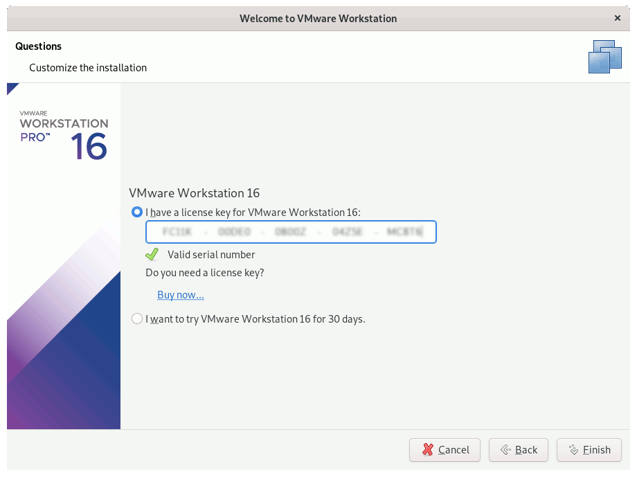 VMware Workstation Pro 16 CentOS Stream 9 Installation - Insert License Key