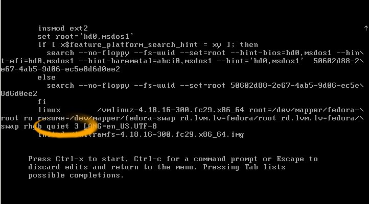 GNU/Linux Fedora Runlevel 3 - edit grub command