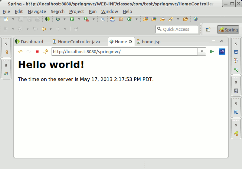Spring MVC Hello World on Ubuntu - Spring Tool Embedded Browser