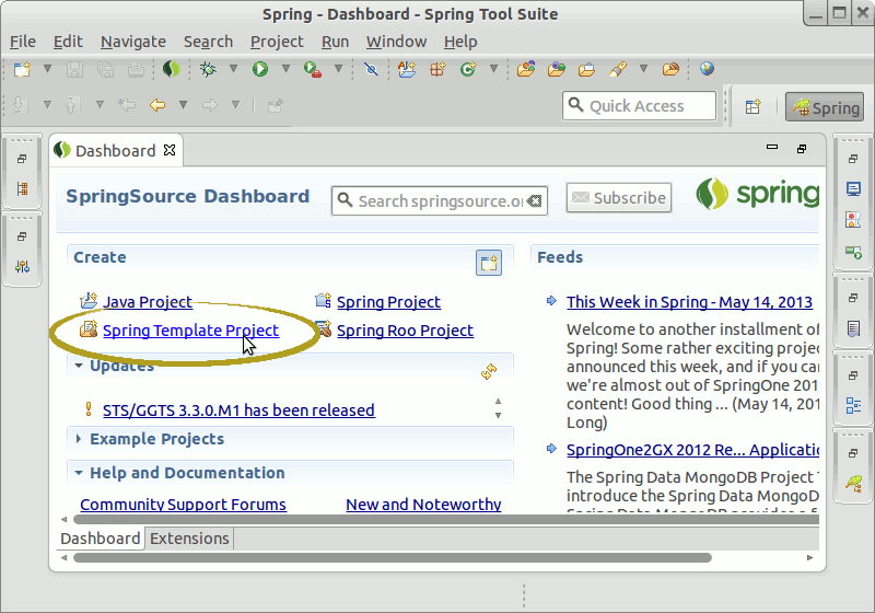Spring Tool Quick Start Ubuntu - Access Spring Template Project
