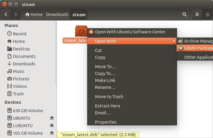 Linux Mint 17 Qiana LTS Steam Installation - Open with GDebi