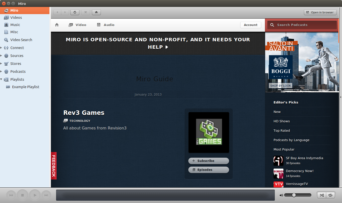 Miro Music Player Quick Start for Ubuntu 15.10 Wily - Miro on Ubuntu Desktop