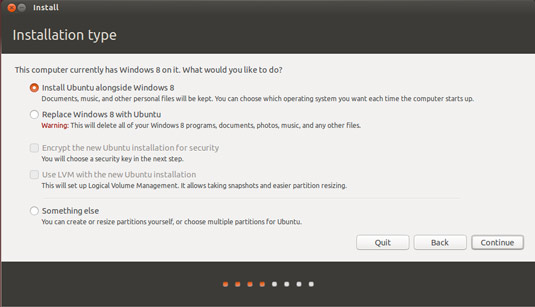 Install Ubuntu 15.04 Vivid on Top of Windows 8 - Select Install Ubuntu alongside Windows 8