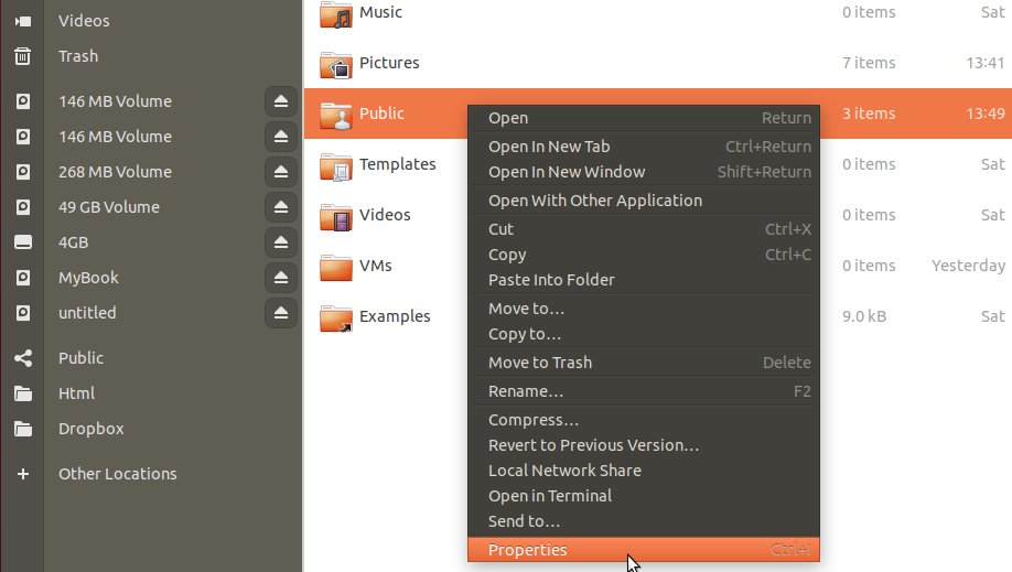 How to Enable Personal File Sharing in Ubuntu 16.04 Xenial - Select Properties