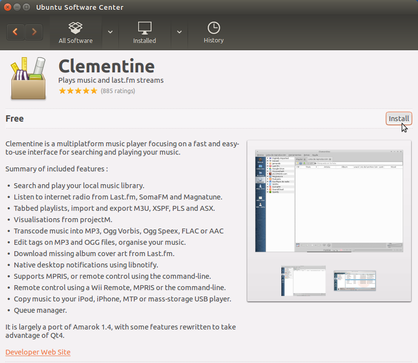 Clementine Music Player Installation on Ubuntu 15.10 Wily - Clementine Music Player on Ubuntu Software Center