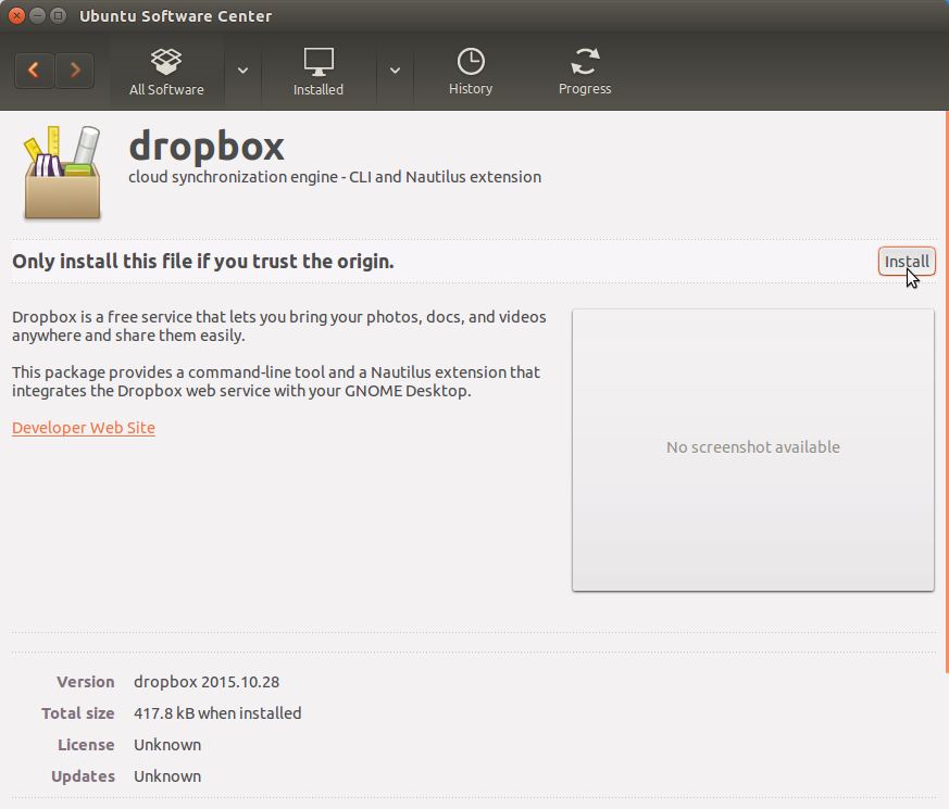 Install DropBox on Ubuntu 15.10 Wily Linux - Installing by Ubuntu Software Center