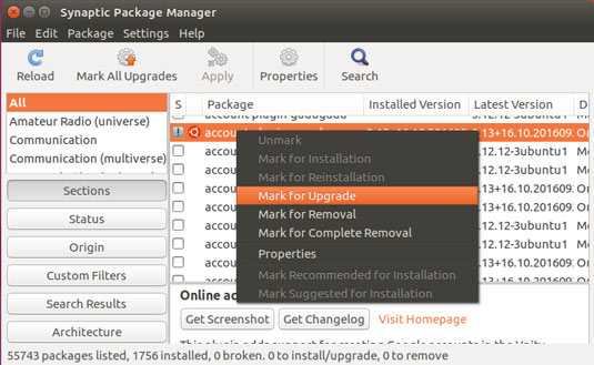 Synaptic Quick Start for Ubuntu 16.04 Xenial - selecting packages