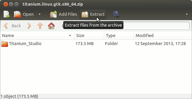 Install Titanium Studio Ubuntu 14.10 Utopic i386 - Archive Extraction