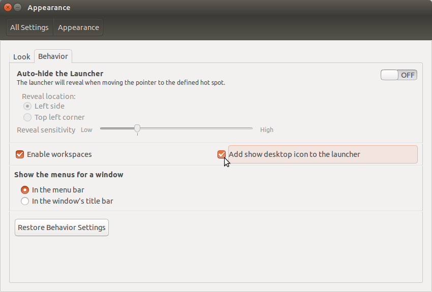 Showing Desktop on Ubuntu 15.10 Wily - Ubuntu Settings Show Desktop