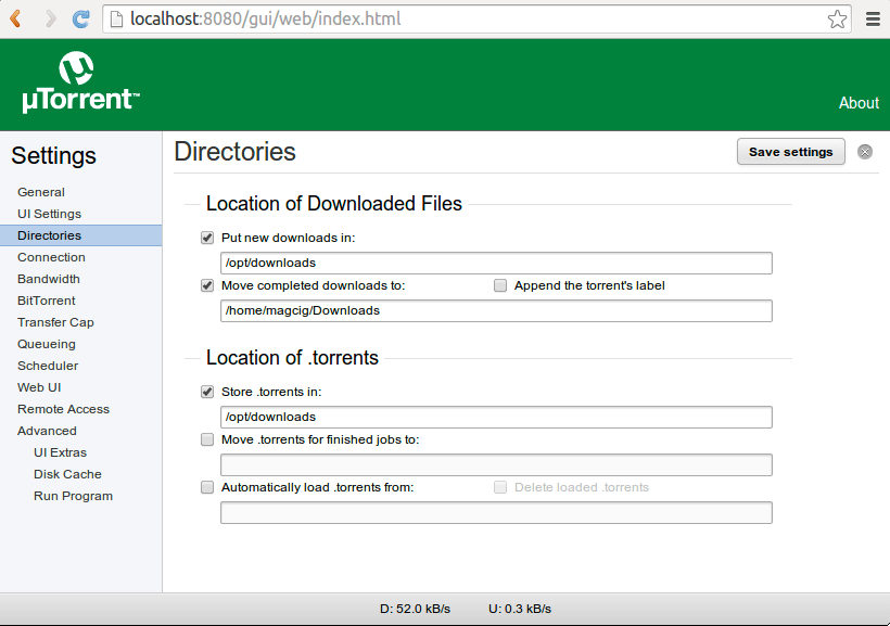 Install uTorrent for Fedora - uTorrent Web GUI Settings Directories