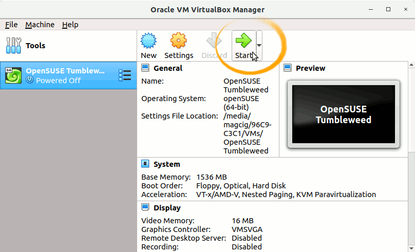 How to Install openSUSE Tumbleweed Virtual Machine on VirtualBox - Starting VM