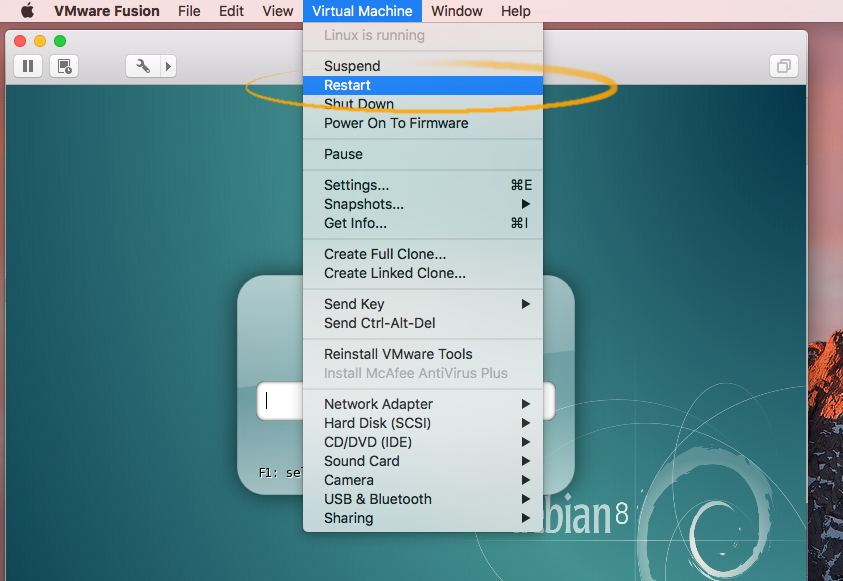 Installing Debian Stretch 9 on a VMware Fusion VM - restarting vmware fusion vm