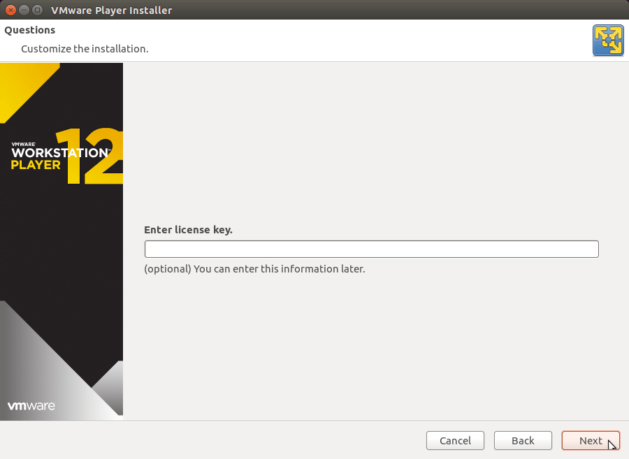 Installing VMware Workstation Player 12 for Zorin Linux - License Key