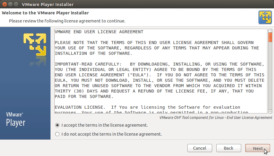 Linux Debian VMware Player 7 Installation - License Agreement 2