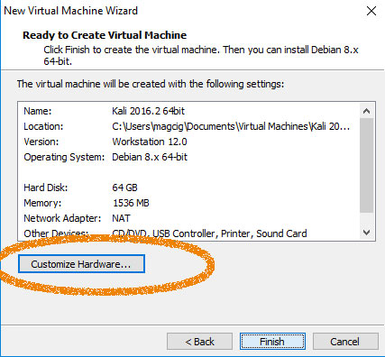 VMware Workstation 12 Create Virtual Machine from ISO - Customize Hardware