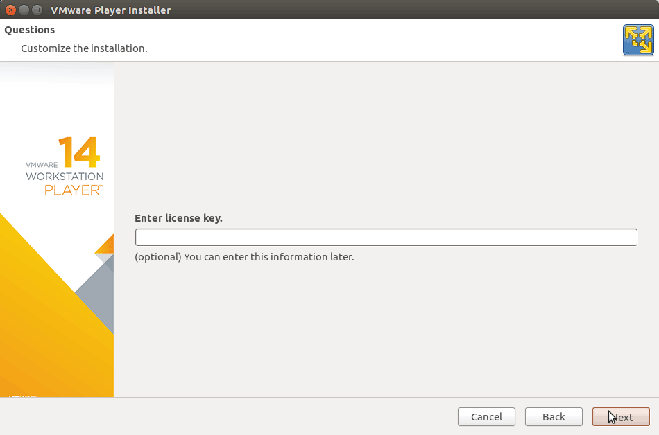 How to Install VMware Workstation 14 Player on Ubuntu 16.10 Yakkety - Insert License Key
