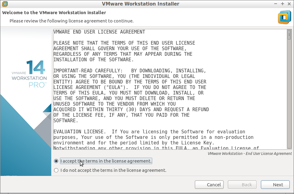 Fedora 26 Install VMware Workstation 14 Pro - Accept Licenses