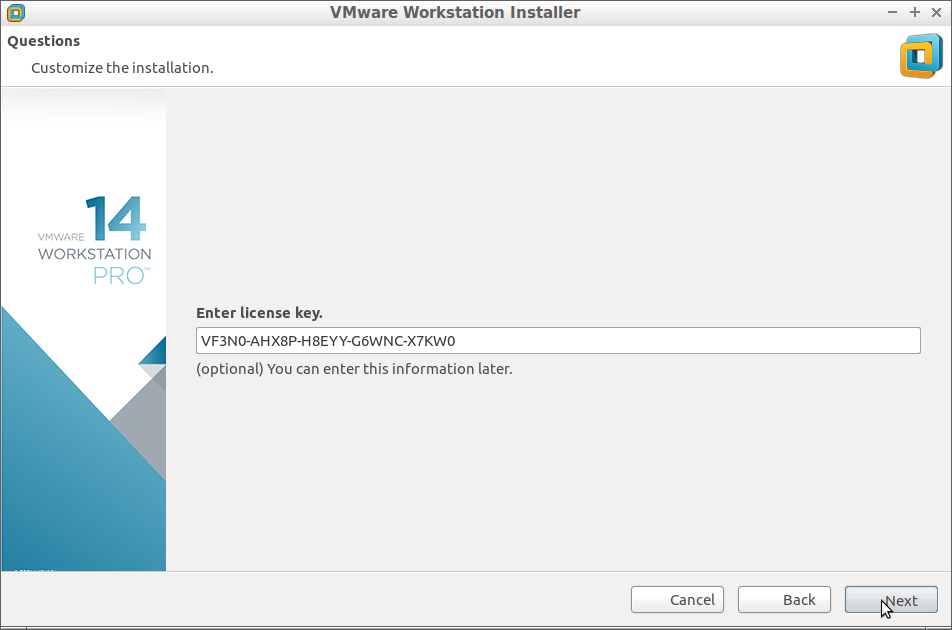Fedora 29 Install VMware Workstation 14 Pro - Insert License Key